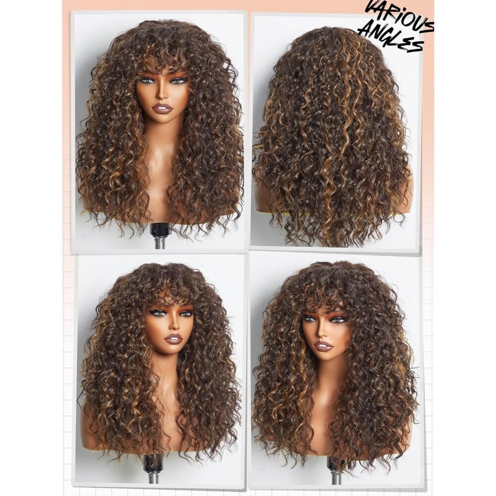Shaggy Curly Wig with Bangs, Remy Hair Blend & Realistic Scalp Brown Hairs - Picture 6 of 6